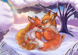  2022 abby_(rukifox) canid canine day detailed_background digital_media_(artwork) duo eyebrows eyelashes female feral fox fur licking love male male/female mammal orange_body orange_fur outside paws rick_(rukifox) romantic romantic_couple rukifox scar sky smile snow tongue tongue_out white_body white_fur yellow_eyes 