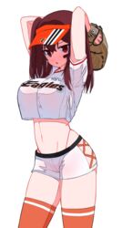  :o arms_behind_head arms_up baseball baseball_mitt baseball_uniform bebetang breasts brown_hair buttons clothes_writing cowboy_shot crop_top crop_top_overhang facial_mark female hanwha_eagles hat highleg highres hip_vent kbo_league large_breasts medium_hair midriff navel one_side_up open_mouth orange_hat orange_thighhighs original red_eyes red_hair shirt short_shorts short_sleeves shorts side_ponytail solo sportswear standing stomach thighhighs thighs visor_cap white_shirt white_shorts 