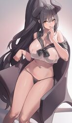  bare_shoulders black_hair black_panties bow bowtie breasts chair cleavage commentary crop_top crop_top_overhang female hand_up highres holding holding_own_hair horns korean_commentary large_breasts long_hair looking_at_viewer ludaf navel navel_piercing no_pants off_shoulder open_mouth original panties piercing ponytail revealing_clothes sailor_collar shirt side-tie_panties sideboob sitting sleeveless sleeveless_shirt smile solo stomach string_panties thighs underwear untied_panties very_long_hair white_shirt yellow_eyes 