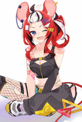  absurdres animal_ears arm_tattoo asymmetrical_clothes asymmetrical_legwear bare_shoulders belt black_belt black_hair black_tube_top blue_belt blue_eyes breasts cleavage crop_top female fishnet_thighhighs fishnets hair_ornament hakos_baelz hakos_baelz_(casual) highres hololive hololive_english kotake_8 long_hair looking_at_viewer medium_breasts mouse_ears mouse_girl mouse_tail multicolored_hair multiple_belts navel number_hair_ornament official_alternate_costume official_alternate_hairstyle open_mouth red_hair sharp_teeth short_shorts shorts shoulder_tattoo side_ponytail simple_background single_sleeve sitting sleeveless smile solo star_(symbol) star_hair_ornament strapless streaked_hair tail tattoo teeth thighhighs tube_top upper_teeth_only virtual_youtuber white_background white_hair yellow_background zipper 