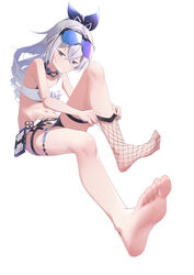  absurdres bare_shoulders barefoot chan_sang eyewear_on_head feet female fishnet_socks fishnets foot_focus hair_between_eyes hair_ribbon highres honkai:_star_rail honkai_(series) legs long_hair looking_at_viewer no_shoes ribbon silver_wolf_(honkai:_star_rail) simple_background single_barefoot sock_pull socks soles spread_toes toes white_background 