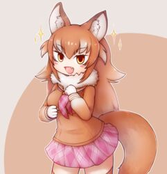  animal_ears aticotta bad_id bad_pixiv_id blush breasts brown_eyes brown_hair brown_thighhighs female gradient_hair highres japanese_wolf_(kemono_friends) kemono_friends large_breasts long_hair long_sleeves looking_at_viewer multicolored_hair oerba_yun_fang open_mouth pink_skirt pleated_skirt skirt smile solo tail thighhighs white_hair wolf_ears wolf_girl wolf_tail 