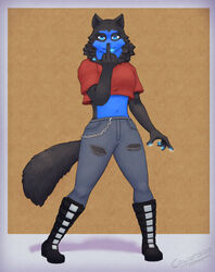  ambiguous_gender blue_body blue_fur boots bottomwear chains clothing cowardlion crop_top denim denim_bottomwear denim_clothing domestic_cat felid feline felis footwear fur gesture glowing glowing_pawpads glowing_tongue hand_gesture hi_res jeans mammal middle_finger multicolored_body multicolored_fur nonbinary_(lore) norwegian_forest_cat pants pawpads shirt solo tongue topwear two_tone_body two_tone_fur 