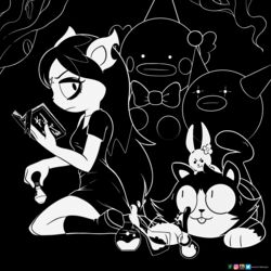  1:1 2019 absurd_res anthro barryfactory black_and_white cartoon_hangover claire_(the_summoning) clothing clown domestic_cat dress duo edgar_(the_summoning) felid feline felis female fluff_top hi_res kneeling lagomorph leporid male mammal monochrome potion rabbit reading the_summoning 