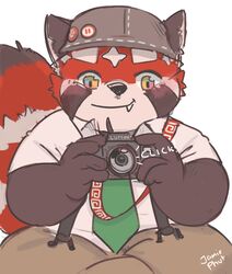  2022 absurd_res ailurid anthro biped black_nose bottomwear camera clothing cute_fangs hat headgear headwear hi_res jamiephut kemono lifewonders mammal necktie pants red_panda shirt sitting solo suspenders tokyo_afterschool_summoners topwear young zhurong_(tas) 