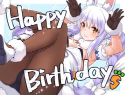  ako_suke animal_ear_fluff animal_ears black_gloves blue_background blue_hair braid bridal_garter carrot carrot_hair_ornament coat don-chan_(usada_pekora) extra_ears female food-themed_hair_ornament fur_trim gloves hair_ornament happy_birthday hololive long_hair looking_at_viewer multicolored_hair pantyhose playboy_bunny rabbit_ears rabbit_girl scarf simple_background smile solo twin_braids two-tone_hair usada_pekora usada_pekora_(1st_costume) virtual_youtuber white_coat white_hair 