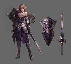  armor armored_boots bare_shoulders boots breasts brown_eyes brown_hair closed_mouth concept_art female full_body gauntlets greaves high_heel_boots high_heels highres holding holding_shield holding_sword holding_weapon knight light_smile long_hair medium_breasts micat nose original plate_armor shield simple_background solo sword weapon 