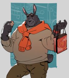  2023 anthro belly big_belly bottomwear clothing cyanroll eyewear eyewear_on_head lagomorph leporid male mammal overweight overweight_male pants rabbit solo sunglasses sunglasses_on_head sweater topwear 