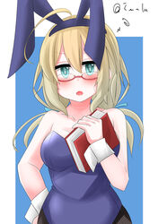  absurdres alternate_costume animal_ears black_pantyhose blue_background blue_leotard blush book bow bowtie breasts collarbone covered_navel dated detached_collar fake_animal_ears female green_eyes hat highres i-8_(kancolle) kantai_collection large_breasts leotard looking_at_viewer low_twintails open_mouth pantyhose peaked_cap playboy_bunny rabbit_ears rabbit_tail red-framed_eyewear semi-rimless_eyewear solo strapless strapless_leotard t_(dyuhuhudyukusi) tail traditional_bowtie twintails under-rim_eyewear white_background wrist_cuffs 