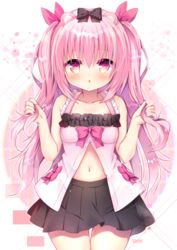  :o animal_ears black_bow black_skirt blush bow breasts cowboy_shot female hairbow hands_in_hair hands_up highres himekuma_ribon huei_nazuki long_hair looking_at_viewer navel pink_bow pink_eyes pink_hair pink_shirt pleated_skirt re:act shirt simple_background skirt small_breasts solo thigh_gap virtual_youtuber white_background 