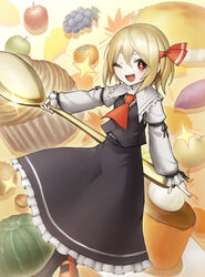  +_+ ;d apple ascot black_skirt black_vest blonde_hair chestnut commentary_request dutch_angle female food food-themed_background foot_out_of_frame frilled_shirt_collar frilled_skirt frills fruit ginkgo_leaf glint grapes hair_between_eyes hair_ribbon highres holding holding_spoon juliet_sleeves leaf long_sleeves maple_leaf medium_hair mont_blanc_(food) one_eye_closed open_mouth pastry persimmon puffy_sleeves pumpkin red_ascot red_eyes red_footwear red_ribbon ribbon rumia shirt skirt smile solo spark621 spoon sweet_potato touhou v-shaped_eyebrows vegetable vest white_shirt 