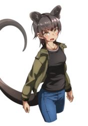  absurdres alternate_costume animal_ears arms_at_sides black_shirt blush brown_hair casual commentary contemporary cowboy_shot cropped_legs denim female fossa_(kemono_friends) green_jacket highres jacket jeans kemono_friends long_sleeves looking_at_viewer open_clothes open_jacket pants shirt short_hair slit_pupils solo tail tan tanabe_(fueisei) unzipped walking white_background yellow_eyes zipper 