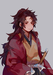  1boy absurdres alternate_hair_length alternate_hairstyle brown_hair chinese_commentary closed_mouth coat commentary earrings grey_background haori highres japanese_clothes jewelry katana kimetsu_no_yaiba kimono long_hair male_focus mogutofuoes red_coat red_eyes scar scar_on_face simple_background solo sword tsugikuni_yoriichi upper_body weapon yellow_kimono 