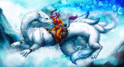  2019 absurd_res anthro arthropod asian_mythology atmospheric butterfly canid canine clothing cloud digital_media_(artwork) dragon east_asian_mythology eastern_dragon etis female feral fluffy fluffy_tail flying fox fur hair hi_res hybrid insects katruna94 lepidopteran magic mammal markings mount multi_tail mythological_creature mythological_scalie mythology riding rizonik saddle saterina_(character) scalie simple_background smile straddling tail white_body white_fur 