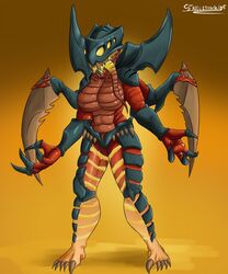  2023 4_fingers 5_toes 6_eyes anthro armor big_breasts blade breasts claws feet female fingers hi-rez_studios hi_res long_tongue monster multi_eye multicolored_body multicolored_skin open_mouth paladins_(game) pose red_body red_skin reptile scalie sharp_teeth simple_background skeletonkid5 solo standing teeth toe_claws toes tongue tusks watermark yagorath_(paladins) yellow_background 