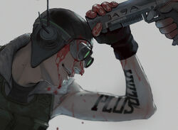  1boy apex_legends arm_tattoo black_gloves black_headwear blood blood_on_face blood_on_hands bloodhound_(apex_legends) daichi_midori fingerless_gloves from_side gloves goggles green_vest gun handgun holding holding_gun holding_weapon male_focus octane_(apex_legends) parted_lips re-45_auto smile solo_focus tattoo vest weapon 