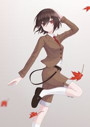  :o absurdres alternate_costume autumn_leaves belt black_belt black_footwear brown_hair brown_jacket brown_shorts buttons collared_shirt commentary english_commentary female highres jacket leg_up loafers long_sleeves necktie no_headwear official_alternate_costume red_eyes red_necktie school_uniform shameimaru_aya shameimaru_aya_(newsboy) shirt shoes short_hair shorts solo standing standing_on_one_leg suit_jacket touhou white_legwear white_shirt zarl_m._kris 