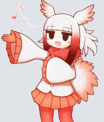  aticotta bad_id bad_pixiv_id blush commentary female gloves gradient_hair grey_background head_wings japanese_crested_ibis_(kemono_friends) kemono_friends long_sleeves looking_away medium_hair multicolored_hair musical_note open_mouth orange_skirt pantyhose pleated_skirt red_gloves red_hair red_pantyhose simple_background skirt smile solo white_hair wings 