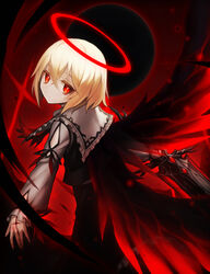  adapted_costume ascot black_vest blonde_hair bright_pupils closed_mouth clothing_cutout commentary_request cross cross_scar crossed_bangs darkness dutch_angle ex-rumia expressionless feet_out_of_frame female gradient hair_between_eyes halo highres holding holding_sword holding_weapon jitome long_sleeves looking_at_viewer looking_back red_ascot red_eyes red_halo red_ribbon ribbon rumia scar short_hair solo spark621 sword torn_ascot torn_clothes touhou vest weapon wings 