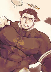  1boy animal_ears bad_id bad_pixiv_id bara black_bodysuit black_hair blush bodysuit brown_theme cat_boy cat_ears cat_tail cat_teaser covered_abs covered_navel dutch_angle facial_hair frown halo kemonomimi_mode large_pectorals looking_at_viewer male_focus mature_male monochrome muscular muscular_male pectorals po_fu short_hair solo stubble tail tokyo_afterschool_summoners zabaniyya_(housamo) 