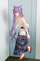  bag black_bow black_skirt bow braid chibi_vanille collarbone commentary cone_hair_bun door double_bun female floral_print flower french_braid genshin_impact hair_bun hair_flower hair_ornament hairbow high_heels highres indoors keqing_(genshin_impact) long_hair long_skirt long_sleeves looking_at_viewer parted_lips puffy_long_sleeves puffy_sleeves purple_eyes purple_hair red_footwear shirt shoes shoulder_bag skirt solo standing standing_on_one_leg twintails very_long_hair white_bag white_shirt 