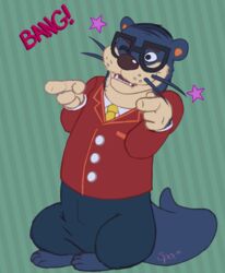  2020 animal_crossing anthro blue_body clothing eyewear glasses hi_res humanoid_hands lyle_(animal_crossing) mammal mustelid nintendo one_eye_closed otter shirt solo spectral-bat text topwear wink 