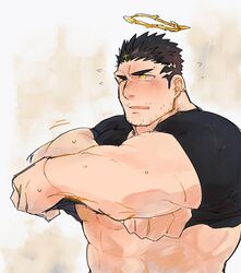  1boy abs bara black_hair black_shirt blush clothes_lift embarrassed facial_hair halo lifting_own_clothes looking_at_viewer looking_away male_focus mature_male muscular muscular_male pectorals po_fu shirt shirt_lift short_hair sideburns solo stomach stubble sweat sweatdrop tokyo_afterschool_summoners underpec upper_body zabaniyya_(housamo) 