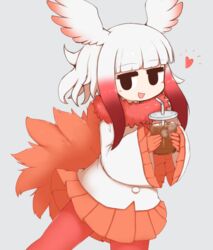  :d aticotta bad_id bad_pixiv_id black_eyes blunt_bangs blush commentary_request cup drinking_straw female gloves gradient_hair head_wings heart highres holding holding_cup ice ice_cube japanese_crested_ibis_(kemono_friends) jitome kemono_friends long_sleeves looking_at_viewer medium_hair multicolored_hair open_mouth pantyhose pleated_skirt red_gloves red_hair red_pantyhose red_skirt skirt smile solo white_hair wings 