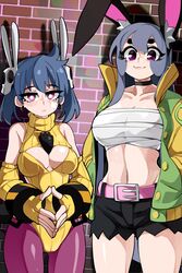  2girls absurdres alternate_breast_size animal_ears belt black_shorts blue_hair bongfill borrowed_character breasts brick_wall chest_sarashi cleavage cleavage_cutout clothing_cutout commentary cosplay costume_switch detached_sleeves earrings english_commentary frown green_jacket grey_hair hair_ornament hands_in_pockets highres jacket jewelry ji-yoon_(jourd4n) ji-yoon_(jourd4n)_(cosplay) large_breasts medium_breasts meme_attire midriff multiple_girls navel original pantyhose pink_belt pink_eyes purple_eyes purple_pantyhose rabbit_ears rabbit_girl rabbit_hair_ornament sarashi short_shorts shorts smile tank_(bongfill) tank_(bongfill)_(cosplay) thick_eyebrows turtleneck twintails virgin_killer_sweater 