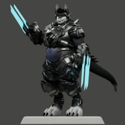  1:1 3d_(artwork) 4_fingers 4_toes anthro armor beard blade blue_eyes claws digital_media_(artwork) energy_weapon exposed_belly facial_hair feet fingers fur grey_background grey_body grey_fur grinning_at_viewer hi_res looking_at_viewer machine male model_sheet papagen pedestal pose pral_(the_tao_swordsman) simple_background solo tail the_tao_swordsman thick_tail toe_claws toes white_face_paint wide_shoulders 