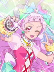  ;d back_bow bow clover_earrings crossover cure_yell cure_yell_(cheerful_style) detached_collar double_bun eyelashes female green_background hair_bun hair_ornament hairbow heart heart_hair_ornament holding hugtto!_precure kamen_rider kamen_rider_zi-o kamen_rider_zi-o_(series) long_hair looking_at_viewer magical_girl multicolored_bow nono_hana one_eye_closed open_mouth pink_eyes pink_hair precure puffy_sleeves rider_watch see-through see-through_sleeves smile solo sparkle thick_eyelashes tj-type1 upper_body veil white_bow wrist_cuffs 