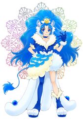  aizen_(syoshiyuki) animal_ear_fluff animal_ears blue_choker blue_eyes blue_footwear blue_gloves blue_hair blue_legwear blue_shirt choker closed_mouth crown cure_gelato cure_gelato_(a_la_mode_style) female full_body fur_trim gloves gold_crown hand_on_own_hip highres kirakira_precure_a_la_mode layered_skirt legs_apart lion_ears lion_tail long_hair looking_at_viewer magical_girl mini_crown parted_bangs pointed_crown precure shirt shoes single_leg_pantyhose single_shoe skirt smile solo standing tail tategami_aoi 