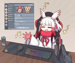  &gt;_&lt; &gt;o&lt; 3girls :d =_= animal_ears aticotta bad_id bad_pixiv_id bad_singing beamed_eighth_notes black_hair blunt_bangs blush brand_name_imitation commentary computer_keyboard computer_mouse desk discord gloves gradient_hair head_wings headphones highres japanese_crested_ibis_(kemono_friends) japari_symbol kemono_friends long_sleeves microphone microphone_stand monster_energy multicolored_hair multiple_girls music musical_note open_mouth orange_hair quarter_note red_gloves red_hair scarlet_ibis_(kemono_friends) serval_(kemono_friends) sidelocks singing sitting smile white_hair wings xd 