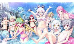  6+girls :d amayui_labyrinth_meister anberu_loki angel_wings animal_ear_fluff animal_ears armpits arms_up bikini black_bikini black_hair blonde_hair blue_bikini blue_eyes blue_sky blunt_bangs bow breasts cat_ears cat_tail cleavage cloud collarbone day dragon_horns dragon_wings elf eushully feathered_wings floating_hair game_cg gradient_hair green_bikini green_eyes green_hair grey_hair hair_bun halterneck highres horns innertube iol_(amayui_labyrinth_meister) katlit_(amayui_labyrinth_meister) kisnil_kagri kuna_(amayui_labyrinth_meister) large_breasts lishenntser_lauros long_hair looking_at_viewer luce_(amayui_labyrinth_meister) micheju_(amayui_labyrinth_meister) mikschana_(amayui_labyrinth_meister) multicolored_hair multiple_girls navel outdoors parted_bangs pink_bikini pink_bow pink_hair pointy_ears polka_dot polka_dot_bikini ponytail red_eyes red_hair red_ribbon ribbon roselyne_fran short_hair side-tie_bikini_bottom single_hair_bun single_hair_intake sky small_breasts smile straight_hair striped_bikini striped_clothes sunlight sweatdrop swim_ring swimsuit tail underboob uro_(urotanc) very_long_hair wading wavy_mouth white_bikini white_hair white_ribbon white_wings wings yakuri yano_mitsuki_(nanairo) yellow_eyes yellow_wings 