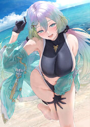  akita_hika aqua_eyes armpits black_gloves blush breasts check_commentary commentary commentary_request cupitan_(granblue_fantasy) cupitan_(summer)_(granblue_fantasy) female gloves gradient_hair granblue_fantasy green_hair hair_ornament hand_up highres large_breasts long_hair long_sleeves looking_at_viewer multicolored_hair navel ocean open_mouth outdoors see-through see-through_sleeves sideboob smile thigh_strap water 