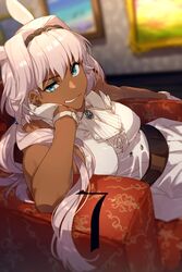  animal_ears ascot blue_eyes blurry blurry_background breasts caenis_(fate) caenis_(fgo_fes._2022)_(fate) couch dark-skinned_female dark_skin echo_(circa) fate/grand_order fate_(series) female gloves grin hair_intakes head_rest large_breasts leaning_to_the_side long_hair looking_at_viewer on_couch portrait_(object) sleeveless smile solo very_long_hair white_gloves white_hair 