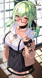  antlers black-framed_eyewear branch breasts ceres_fauna ceres_fauna_(jirai_kei) cleavage dress english_commentary female flower glasses green_hair hair_flower hair_ornament highres hololive hololive_english horns large_breasts lessone long_hair looking_at_viewer mole mole_under_eye multicolored_hair official_alternate_costume rectangular_eyewear semi-rimless_eyewear solo sweater under-rim_eyewear virtual_youtuber yellow_eyes 