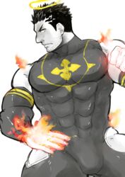  1boy alternate_costume bad_id bad_pixiv_id bara bare_shoulders black_hair blush bulge covered_abs covered_navel facial_hair flaming_hand frown halo hip_vent large_pectorals male_focus mature_male muscular muscular_male pectorals po_fu short_hair sideburns solo spot_color stubble thick_thighs thighs tokyo_afterschool_summoners zabaniyya_(housamo) 