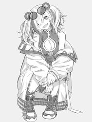  animal_ears arknights bluuue breasts china_dress chinese_clothes cleavage cleavage_cutout clothing_cutout dress eyewear_on_head feater_(arknights) female greyscale monochrome off_shoulder one_eye_closed panda_ears shoes sneakers solo squatting sunglasses twintails 