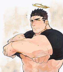  1boy abs bara black_hair black_shirt blush clothes_lift facial_hair halo lifting_own_clothes looking_at_viewer male_focus mature_male muscular muscular_male pectorals po_fu shirt shirt_lift short_hair sideburns solo stomach stubble sweat sweatdrop tokyo_afterschool_summoners underpec upper_body zabaniyya_(housamo) 