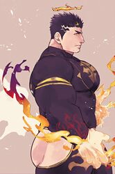  1boy ass bara black_bodysuit black_hair blush bodysuit bursting_pectorals facial_hair fire flaming_halo flaming_hand from_side halo highres hip_vent large_pectorals looking_at_viewer male_focus mature_male muscular muscular_male pectorals po_fu short_hair sideburns solo stomach stubble thick_thighs thighs tokyo_afterschool_summoners zabaniyya_(housamo) 