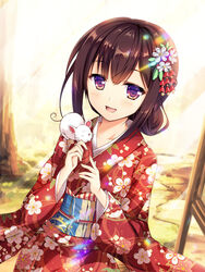  animal animal_on_shoulder blurry blurry_background blush brown_eyes brown_hair commentary day depth_of_field diffraction_spikes dutch_angle female floral_print hair_up happy_new_year japanese_clothes kimono light_rays long_hair looking_at_viewer mouse_(animal) mouse_on_shoulder new_year obi open_mouth original outdoors photoshop_(medium) red_kimono ryoumoto_ken sash solo sunbeam sunlight upper_body 