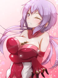  aimo_(aimo1214) between_breasts blush breasts bullet cleavage commentary_request elbow_gloves female gloves grin highres holding holding_bullet large_breasts long_hair one_eye_closed pink_background purple_hair senki_zesshou_symphogear skindentation smile solo sparkle takagaki_ayahi yukine_chris 