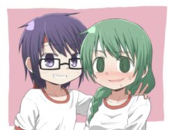  2girls @_@ ahoge bad_id bad_pixiv_id black-framed_eyewear blue_eyes blue_hair blush braid collarbone glasses green_eyes green_hair hair_over_shoulder hand_on_another&#039;s_shoulder hidamari_sketch highres long_hair looking_at_viewer multiple_girls natsume_(hidamari_sketch) open_mouth pink_background sae_(hidamari_sketch) short_hair sidelocks simple_background smile sweatband sweatdrop swept_bangs tomi_tsukasa v 