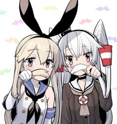  2girls amatsukaze_(kancolle) black_neckerchief blonde_hair blue_sailor_collar blush brown_dress brown_eyes dress elbow_gloves facial_hair fake_facial_hair fake_mustache gloves hair_between_eyes hair_mustache hair_tubes hairband holding holding_own_hair innertube kantai_collection long_hair long_sleeves monaka_ooji moustache multiple_girls neckerchief orange_eyes playing_with_hair playing_with_own_hair sailor_collar sailor_dress school_uniform serafuku shimakaze_(kancolle) swim_ring two_side_up upper_body white_background white_gloves white_hair 