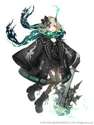  :o absurdres belt boots bow breasts cross-laced_footwear electric_guitar female full_body green_hair guitar hairbow highres horns instrument jacket ji_no little_match_girl_(sinoalice) looking_at_viewer makeup official_art oversized_clothes pantyhose platform_footwear red_eyes scarf short_hair single_horn sinoalice sleeves_past_wrists small_breasts solo square_enix torn_clothes torn_pantyhose white_background 