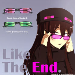  adjusting_eyewear ander_(at2.) at2. black-framed_eyewear black_headwear black_jacket brown_hair commentary enderman english_text female glasses green-tinted_eyewear hair_between_eyes hand_on_eyewear highres jacket long_hair long_sleeves looking_at_viewer minecraft parted_lips personification purple-tinted_eyewear purple_eyes tinted_eyewear very_long_hair 