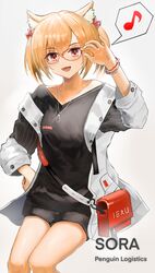  absurdres alternate_costume animal_ear_fluff animal_ears arknights bad_id bad_pixiv_id bag black_shirt blonde_hair character_name collarbone commentary_request fangs feet_out_of_frame female glasses hachiko_(0088) highres jacket looking_at_viewer musical_note open_clothes open_jacket open_mouth red_eyes shirt short_hair simple_background smile solo sora_(arknights) white_background wolf_ears 