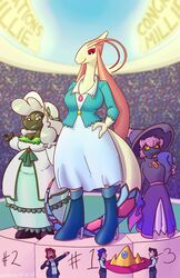  anthro anthrofied big_breasts breasts cleavage clothed clothing crown female furfrou generation_3_pokemon generation_4_pokemon generation_6_pokemon goattrain group hand_on_hip headgear larger_female macro milotic mismagius nintendo pokemon pokemon_(species) size_difference smaller_female 