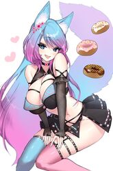  animal_ears asymmetrical_legwear blue_eyes blue_hair blue_thighhighs breasts doughnut female food gradient_hair large_breasts long_hair mismatched_legwear multicolored_hair multicolored_nails multicolored_tail oerba_yun_fang open_mouth pink_hair pink_thighhighs silvervale silvervale_(4th_costume) skindentation smile solo tail thighhighs uhhgaoh uneven_legwear virtual_youtuber vshojo 